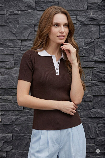 FAVORİST Tricou de damă, slim fit, cu mânecă scurtă, cu aspect ribbit și gule...