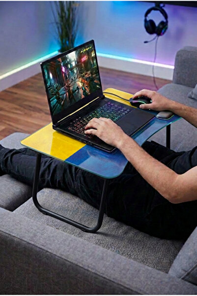 Zevahir Home Foldable Glass Laptop Stand - Modern Yellow and Blue Themed