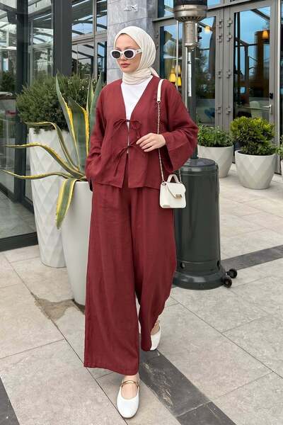 Salih Çelebi Front Tie Detail Suit Y0143 - Bordo