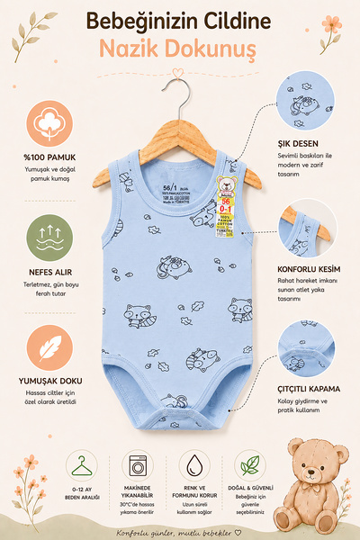 Pure Plus %100 Pamuk Bebek Zıbın | Çıtçıtlı Atlet | Nefes Alan Kumaş | 0-36 A...