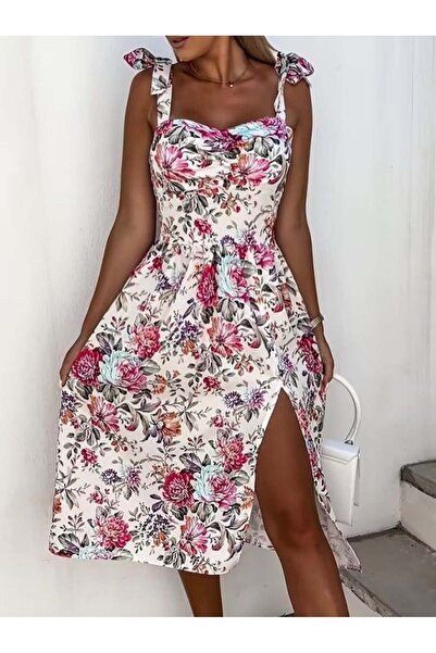 Aymood Women's Strappy Heart Collar Side Slit Midi Single Jersey Dress