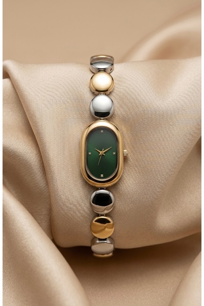 KLISHE Butik Women's Steel Watch Gold & Silver Mix Color Green Dial Oval Case...