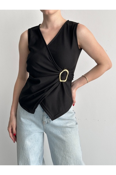 Liva Style Co Black Double Breasted Collar Sleeveless Blouse