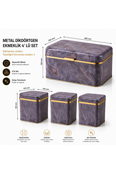 SHARI Metal Dikdörtgen Ekmeklik 4’lü Set Mermer Desenli Gold Detaylı Saklama ...