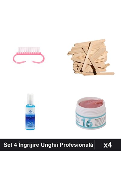 Makeup Set 4 Îngrijire Unghii Profesională, Periuță Praf Roz, Spătuici Lemn, ...