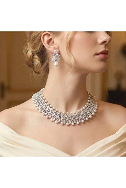 Raizel Set colier si cercei cu pietre de zirconiu si perle, Beverly Pearls
