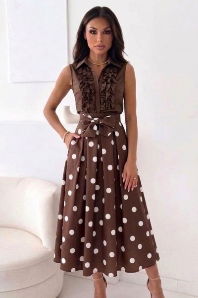 FashionForYou Κομψό φόρεμα πουά NORINE, με φιόγκο στη μέση και τσέπες, Καφέ