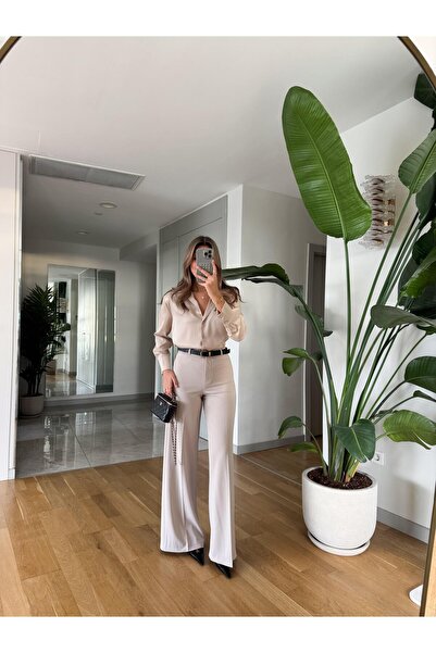 MERVE AKSOY Moss Yüksek Bel Kemerli Pantolon - Bej
