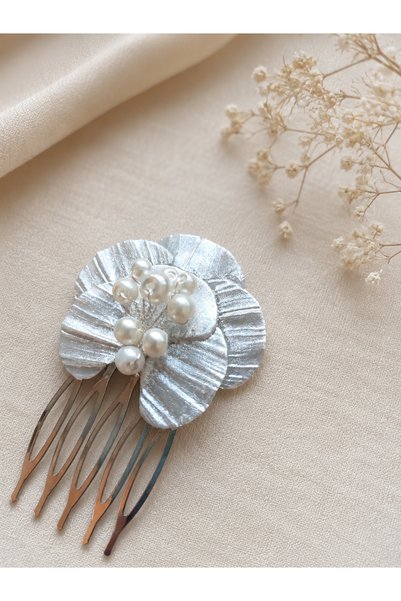 Eva Flore Silver Ceramic Flower Patterned Bridal Hair Accessory with Pearls, Promise, Engagement, Wedding Comb Clip