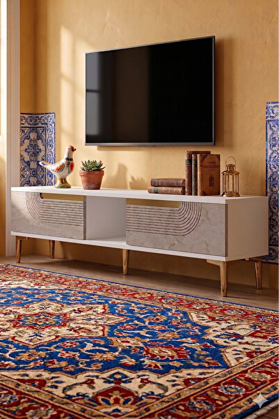 YUMEDİ DESİGN TSA1508BTG - DÜNYA TV STAND , TV SEHPASI 150cm BEYAZ-TRAVERTEN-...