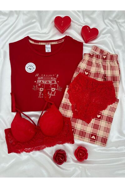Lena Homewears Women's Patterned Cotton Short Sleeve Pajama and Underwear Set