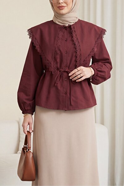 Modamorfo Lace Detailed Wide Collar Poplin Shirt with Elastic Sleeves - Burgundy