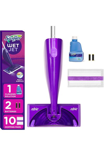 Swiffer طقم ممسحة رذاذية WetJet للأرضيات الخشبية والصلبة، يتضمن: ممسحة كهربائ...