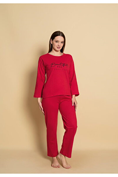 Serena Pijama dama-maneca lunga si pantalon lung- culoare rosu cu imprimeu ne...