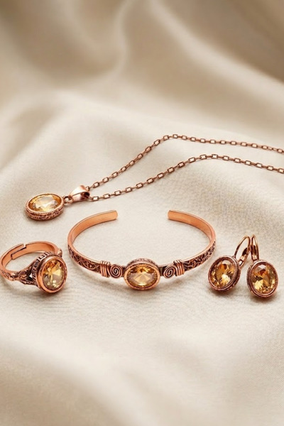 Otto Man Steel Jewelry Kadın Şampanya Rengi Zirkon Taşlı Bakır Bileklik Kolye...