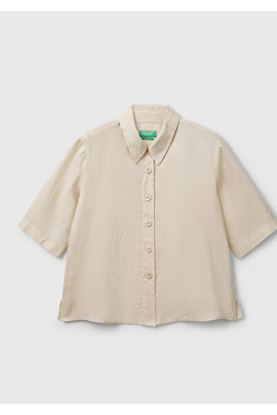 United Colors of Benetton Women's Stone 100% Linen Half Sleeve Plain Shirt