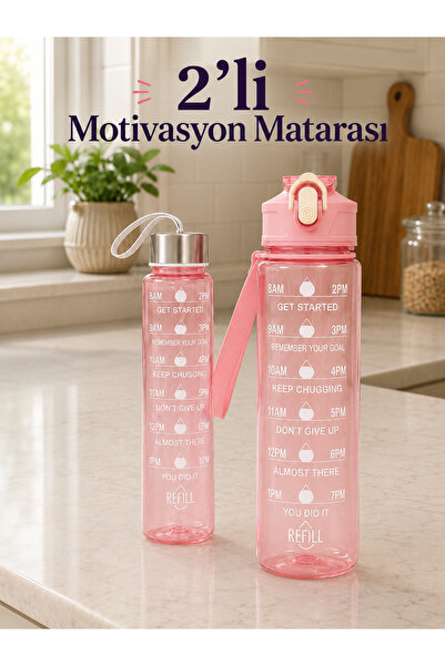 BEYZANA 2’li Motivasyon Matarası Pembe Şeffaf Kokusuz Stickerlı Suluk | Pipet...