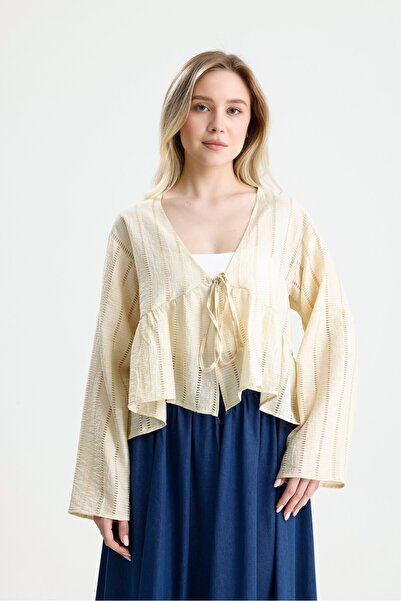 minaaise Stone Self-Patterned Front Tie Blouse 31127