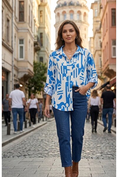 merve giyim söğüt Kadın Mavi Beyaz Geometrik Desenli Oversize Gömlek - Rahat ...