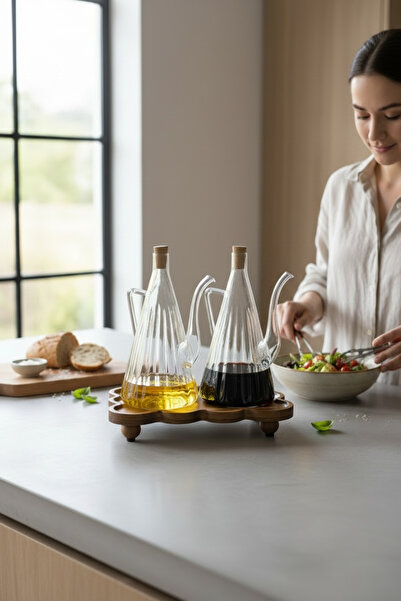 zezedesing Set of 2 Glass Oil and Vinegar Bottles with Acacia Wood Stand – Bo...
