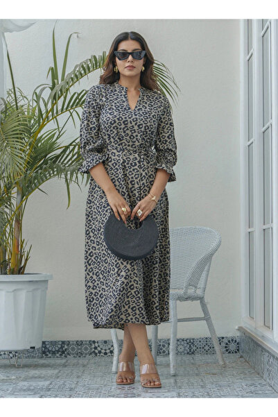 DESIQLO By Styli Black Leopard Print Midi Dress with 3/4 Sleeves