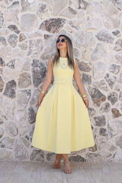 bytugcekaya Vibrant Yellow Halter Neck Belted Flared Dress