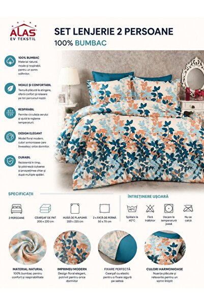 ALAS Set Lenjerie de Pat 2 Persoane ALAS, 100% Bumbac, Model Floral Albastru/Portocaliu