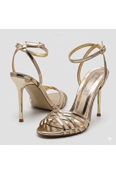 KİNDEP (Park Moda) Women's Piping Heeled Sandals Gold