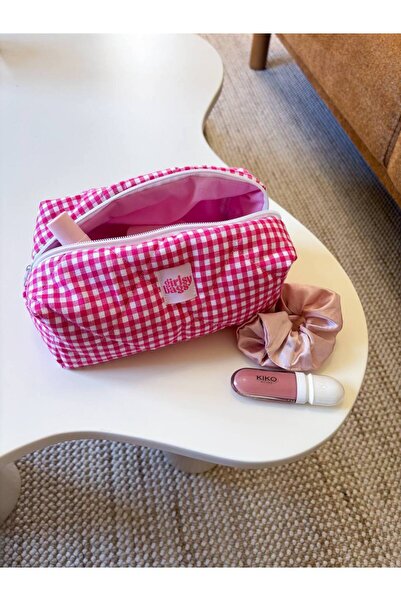 girlsybags Pink Gingham Makeup Bag Large Size Zippered Portfolio Bag