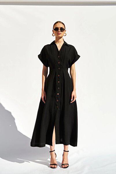 inmuse Buttoned Shirt Collar Black Dress with Waist Belt