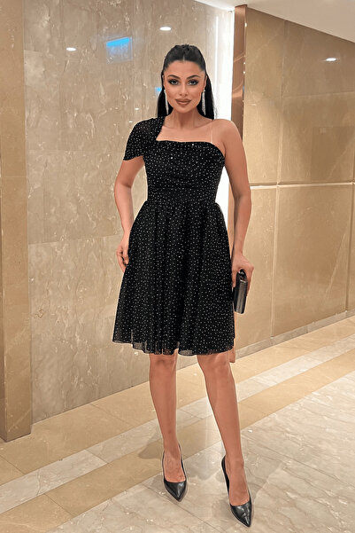 giyimmasalı Stoned Tulle Fabric Mini Dress with Drawstring Detail - Black