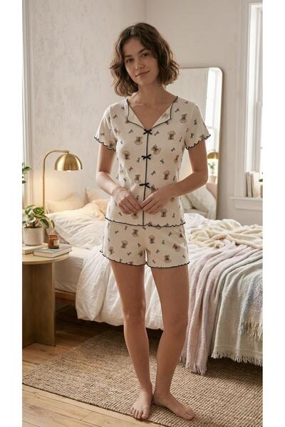 ÇAĞRI HOMEWEAR مجموعة شورتات قصيرة بأكمام نصفية من القطن بنسبة 100% مع فيونكة...