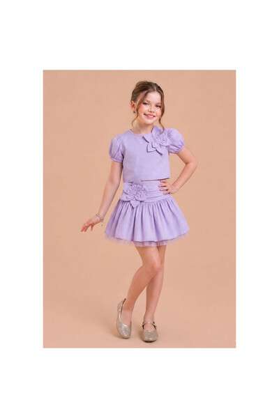 JABBER Girls' Bow-Tie Woven Blouse with Waist Detail and Tulle Skirt Set