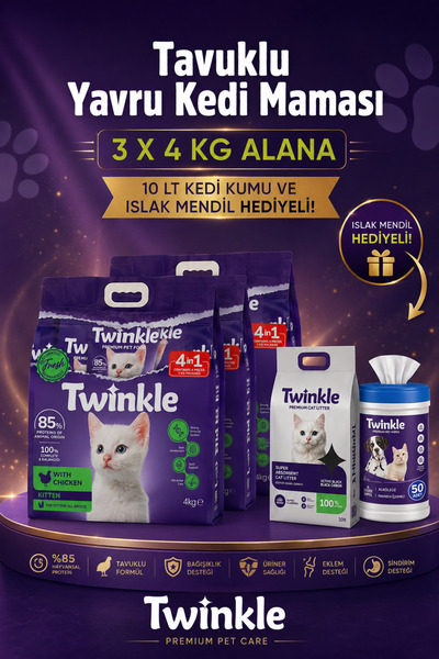 Twinkle Tavuklu Yavru Kedi Maması 3 x 4 KG - Kedi Kumu 10 lt.+ Evcil Hayvan I...