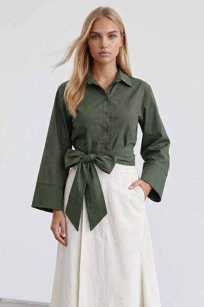 Trend Alaçatı Stili Women's khaki poplin shirt with wide cuffed sleeves and f...