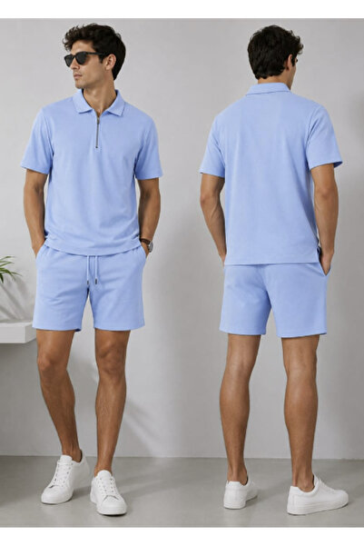 LU DUE Casual Stylish Summer Vortex Fabric Zippered Polo Collar T-Shirt and S...