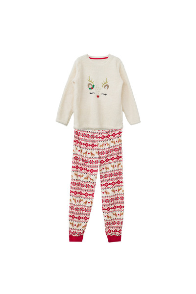 Zumzeria Fluffy White Christmas Pajama Set for Women with Golden Thread Reindeer