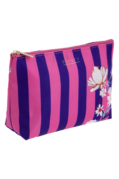 Zumzeria Pink and Blue Striped Pouch with White Flowers Beauty 20.5x5.5x15cm