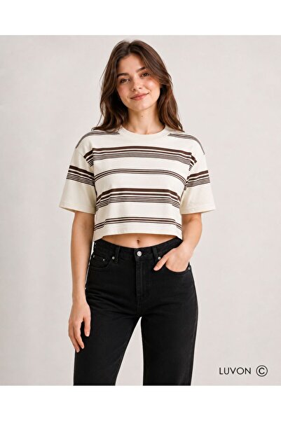 LUVON Ecru Standard Fit Normal Cut Crew Neck Κοντομάνικη Ριγέ Γυναικεία Μπλού...