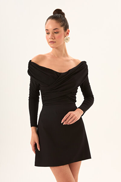LADYA COLLECTION Cross Draped Lycra Off-Shoulder Soft Textured Sandy Blouse