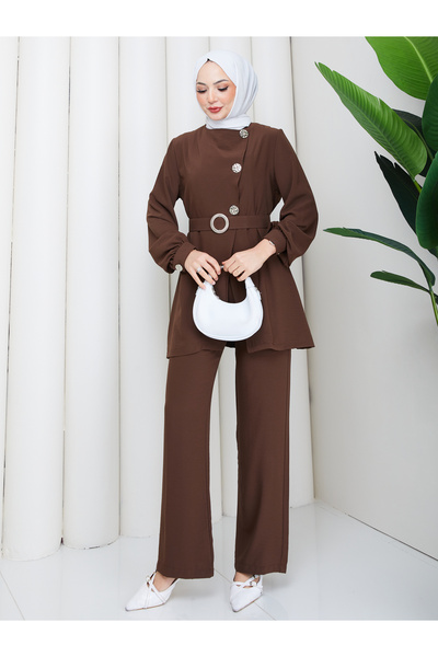 MY QILAM Women's Hijab Double Set with Belt, Silver Button Detail, Stylish Da...