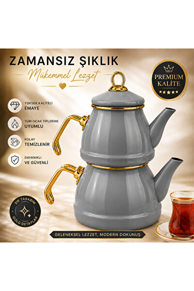Kitchen Line طقم إبريق شاي مطلي بالمينا باللون الرمادي بتصميم أنيق وتفاصيل ذهبية