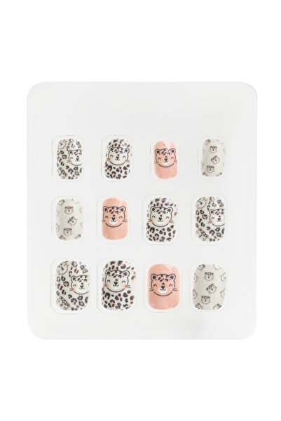 Zumzeria White Pink Glitter Leopard Cat False Adhesive Nails for Kids - 12pcs