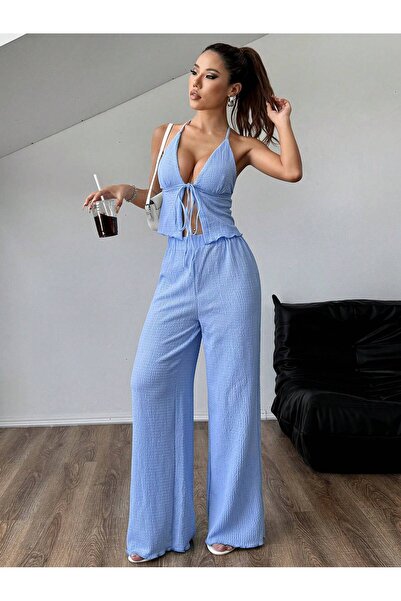 meren like your style Baby Blue Low-Cut Front-Tie Vest with Wide-Leg Pants Set