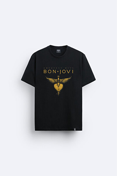 AYDESİGN Tricou negru cu imprimeu Bon Jovi, cu guler tip crew neck
