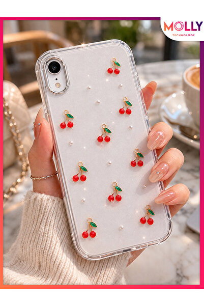 Molly iPhone XR İçin Cherry Pearl Luxe Şeffaf Işıltılı Kiraz Desenli Premium ...