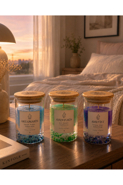 Glowe Candles Su Grubu Burçları Doğal Taşlı Mum Seti (3’lü)