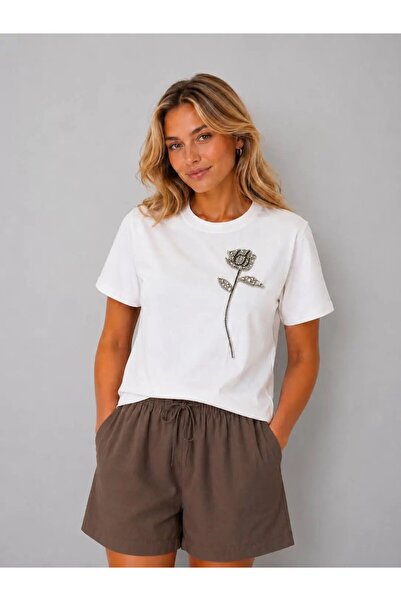 Park Karon Women's Crew Neck Stone Appliqué Embroidered Basic Combed Cotton B...