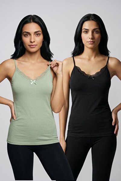 fevien 2-Pack Women's Cotton V-Neck Lace Detailed Thin Rope Strap Undershirt ...