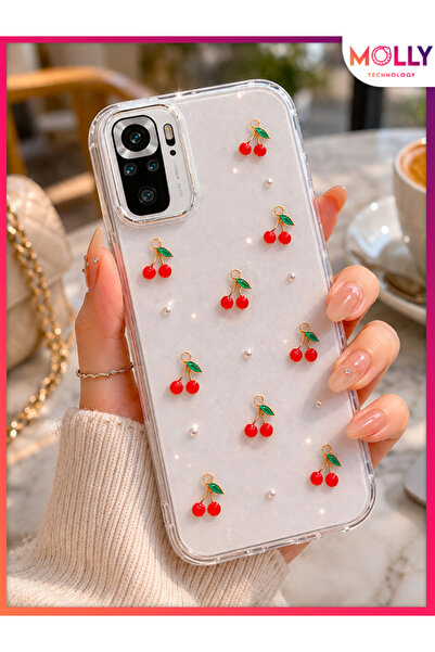 Molly REDMİ NOTE 10S İçin Cherry Pearl Luxe Şeffaf Işıltılı Kiraz Desenli Pre...